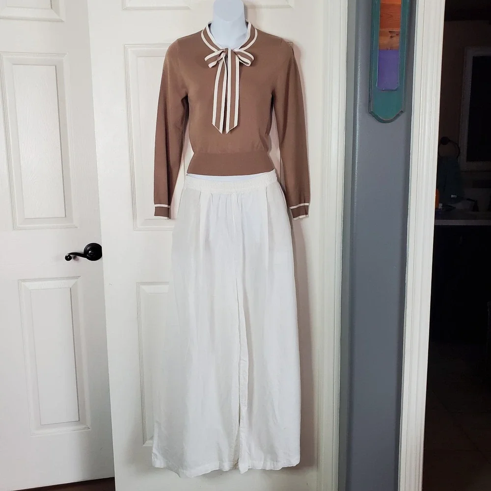 Zara Linen White Pants Wide-leg High-waisted Pull-on Elastic Waist Pockets Med